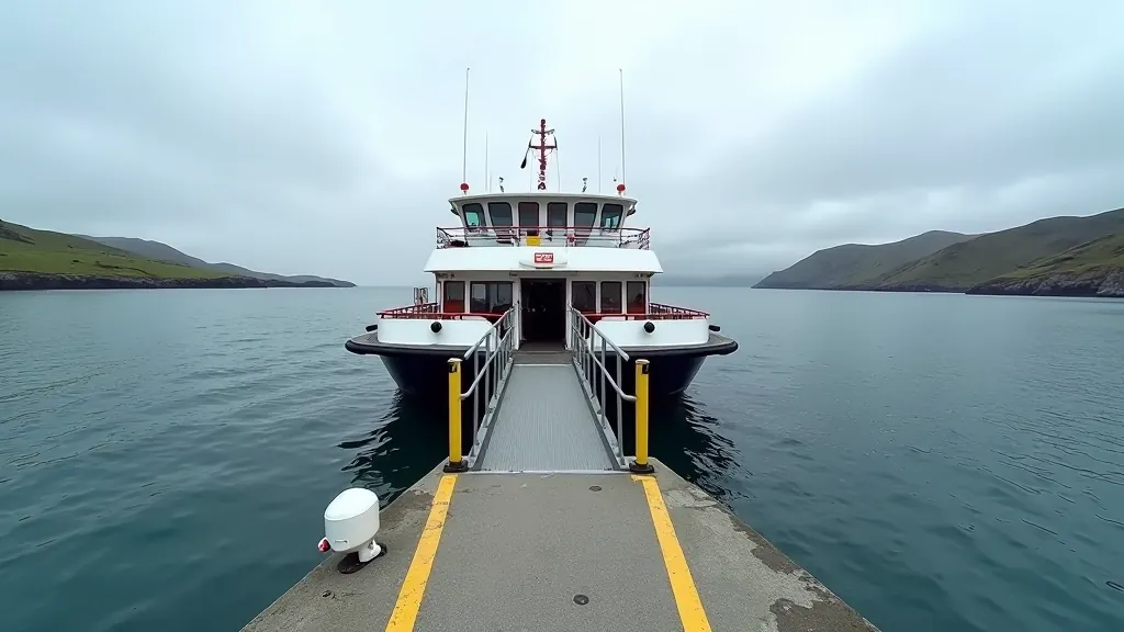 Modern ferry boat approaching Irish island dock with accessible boarding ramp extended