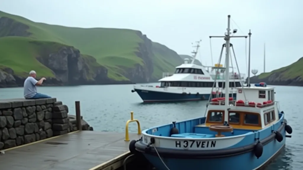 Ferry approaching Inis Mór pier with coastal landscape and traditional fishing boats, journey to island arrival