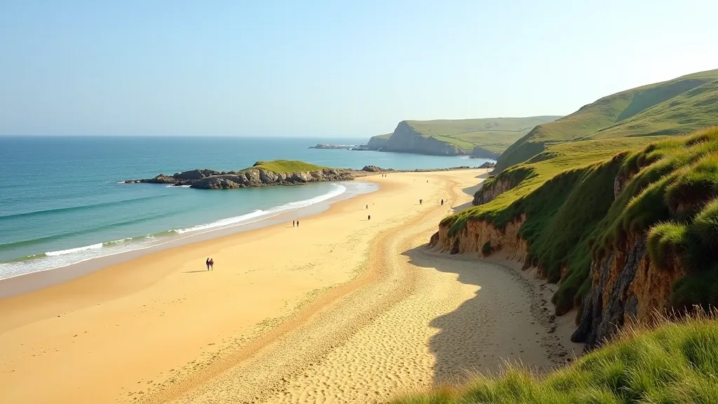 Golden sandy beach on Sherkin Island with calm water and island landscape