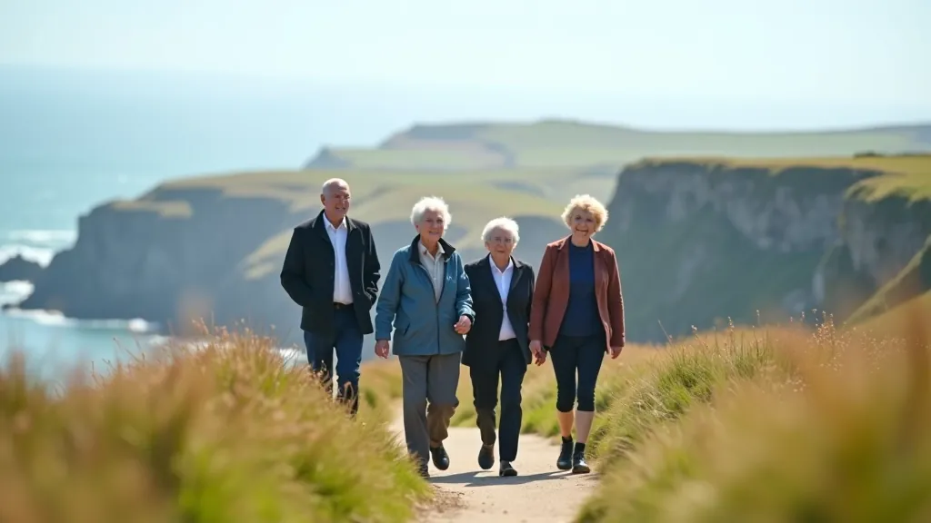 Small group of older adults walking on coastal path overlooking ocean