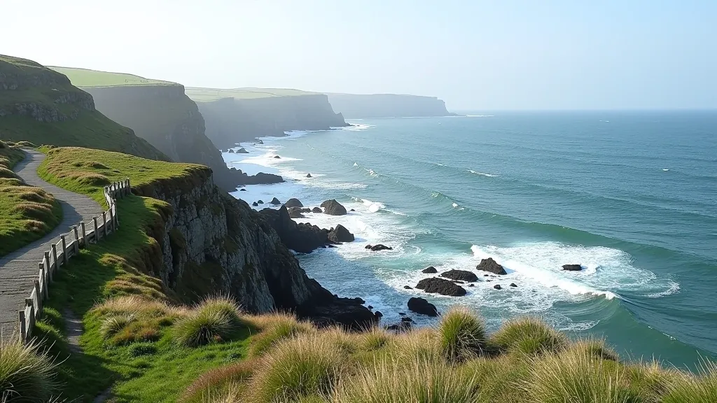Coastal cliffs and walking path on Inis Mór, Atlantic waves crashing below, dramatic but safe terrain