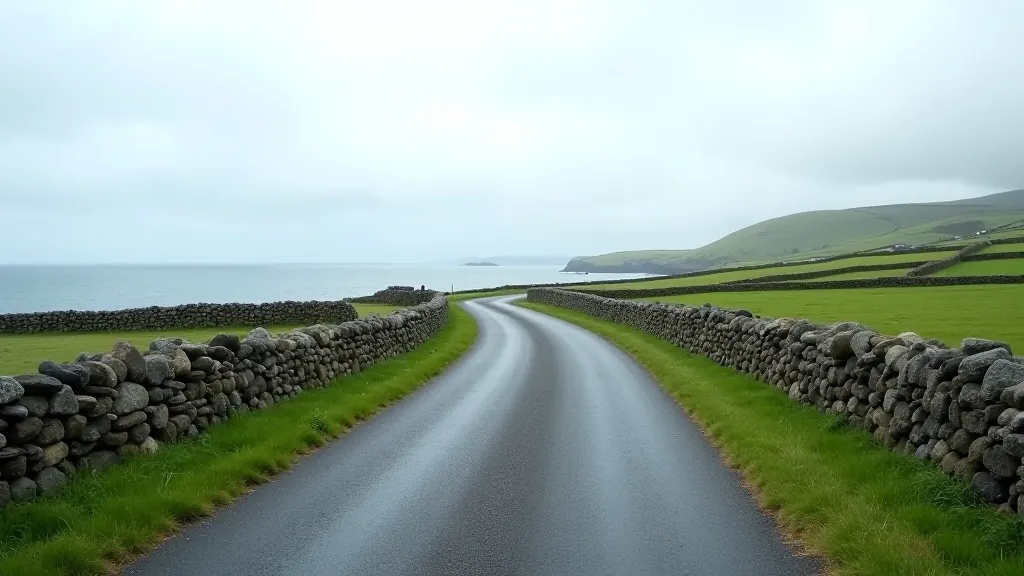 Coastal road on Inis Mór with stone walls, Atlantic Ocean in distance, traditional Irish countryside landscape