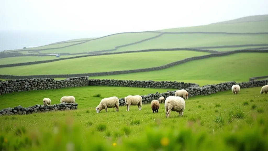 Dursey Island interior landscape with rolling green fields, stone walls, sheep grazing, and distant Atlantic views, soft afternoon light, crisp detail