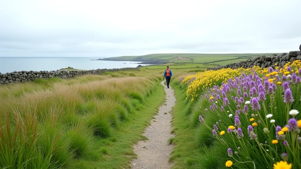 Coastal path on Sherkin Island with wildflowers blooming, sea visible on horizon, traditional stone walls lining the route