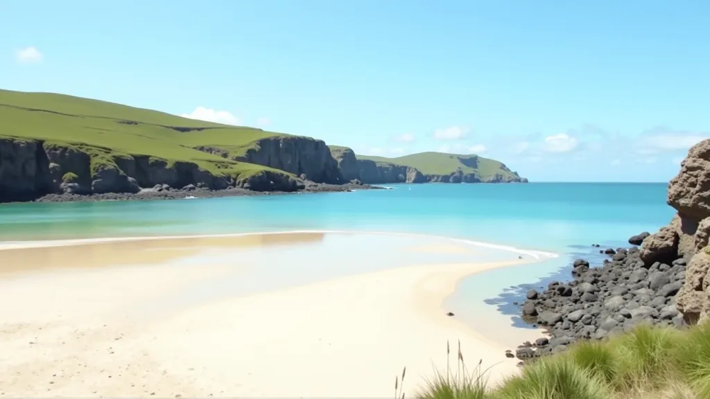 Sandy beach on Sherkin Island with calm shallow water, walking path visible along coastal edge