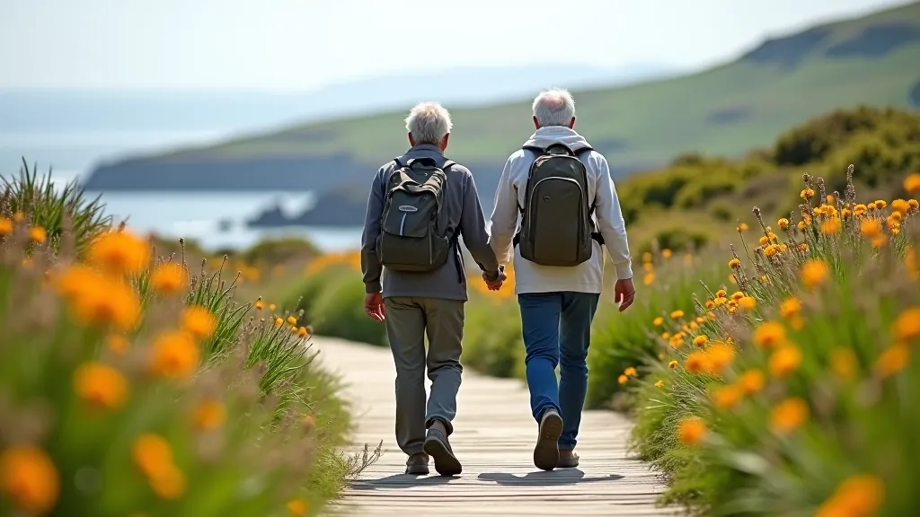 Senior couple aged 65-70 in outdoor clothing on coastal path, enjoying island landscape