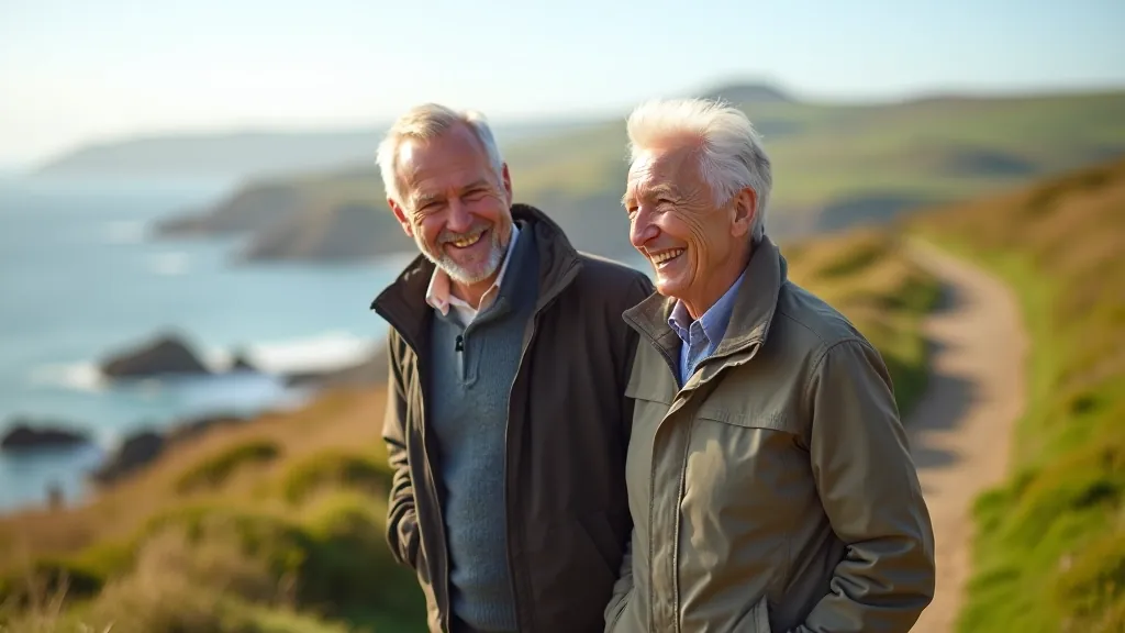 Active seniors enjoying a peaceful island walk together